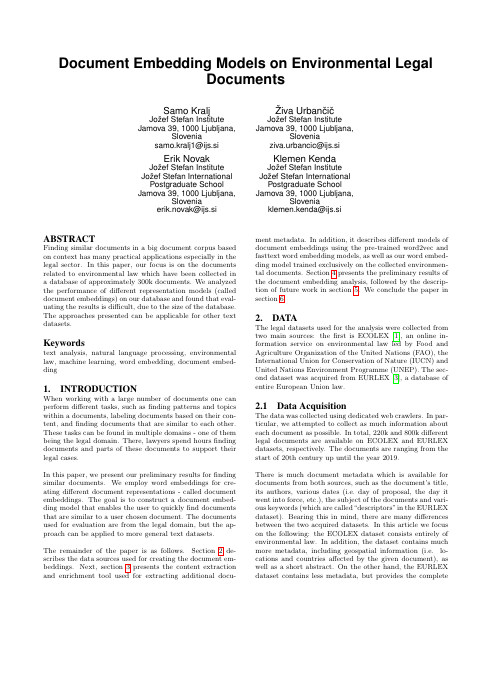 First page of “Document Embedding Models on Environmental Legal Documents”