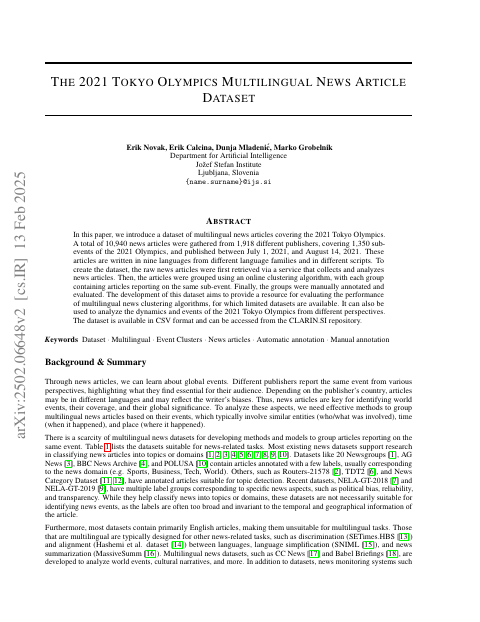 First page of “The 2021 Tokyo Olympics Multilingual News Article Dataset”
